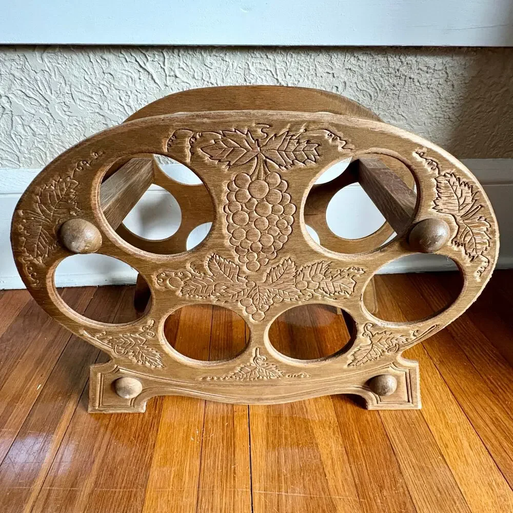 Vintage Carved Wood Wine Bottle Holder, Grape Motif Tabletop Wine Rack